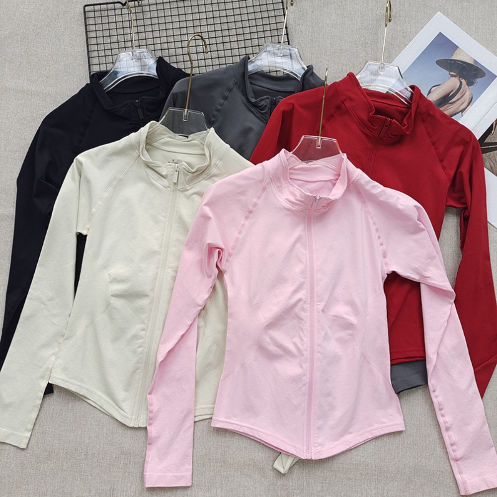 Yoga Fitness Com - 女性用長袖トップフルジップヨガワークアウトジャケット、マット90％ナイロン10％スパンデックス吸湿発散性通気性ジムトップ、フィットネストレーニング用、スリムフィットヒップ丈ボディシェイピングアクティブウェア、夏用