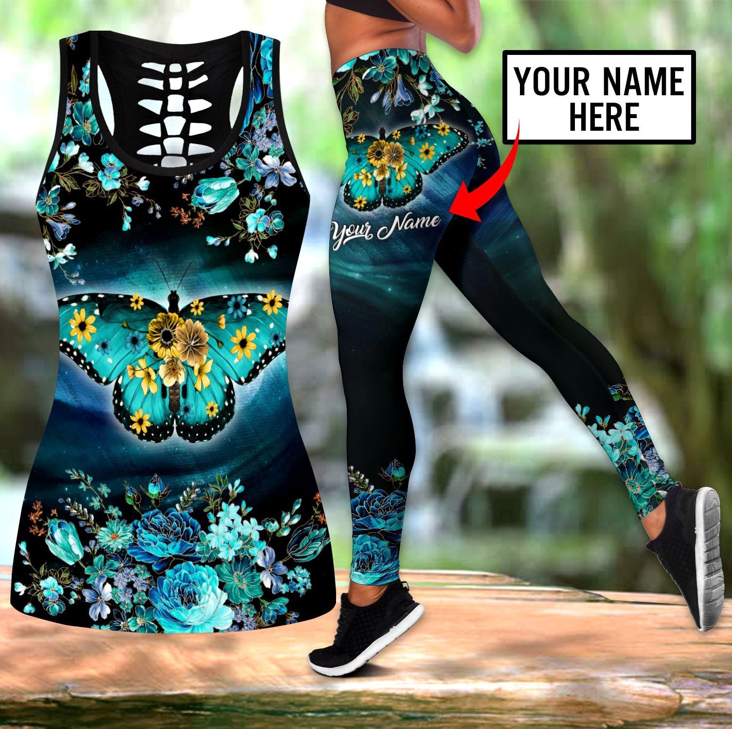 Yoga Fitness Name - カスタムネームバタフライ 3D プリント中空タンクトップとレギンスセット女性用フルレングスフィットネスヨガランニングパンツ KBX01
