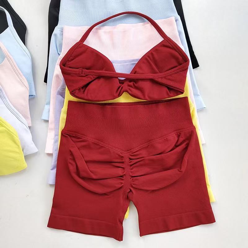 Yoga Fitness Outfit - HISTELLO スポーツセットピース女性ストラップ付きジムヨガブラトレーニングスクランチショーツフィットネススポーツスーツ服シームレスヨガセット